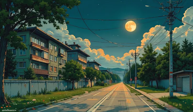 landscape, street , The atmosphere of the USSR , detailed panelki antennas, Russian apartments, lots of green trees6,  summer, orange night, big moon, stars:1.5, cloudy, grass,  intersection :1.5, cracks in asphalt:0.3, Soviet-style concrete fence:0.15,  f...