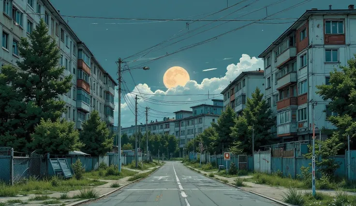 landscape, street, USSR Vibes, detailed panelki, Russian Apartments, many green trees6, summer, orangenight, big moon, stars:1.5, cloudy, grass, crossroad:1.5, cracks in the asphalt:0.3, soviet-style concrete fence:0.15, flowers:0.15, without sun, garages