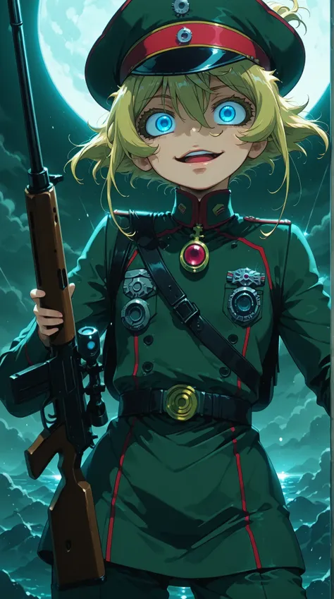 score_9, score_8_up, score_7_up, masterpiece, source_anime, Tanya Degurechaff,tanya degurechaff,1girl,solo,hat,open mouth,military uniform,smile,teeth,peaked cap,green uniform,crazy_eyes,uneven_eyes, 50 caliber sniper rifle,shooting position ,1980’s anime...