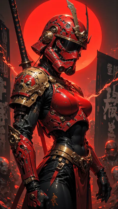 masterpiece, highest quality, cinematic lighting, a powerful female Star Wars stormtrooper samurai warrior, intricate crimson and gold samurai armor, armor wear and tear, stormtrooper helmet design fused with samurai helmet elements, energy katana, action ...
