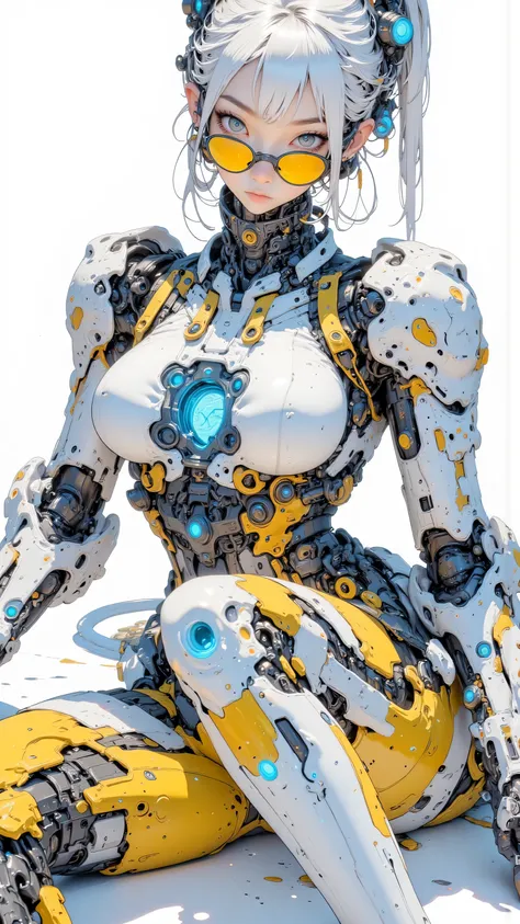 masterpiece, highest quality, cyborg, strongly glowing heart, white and yellow bodysuit, yellow tinted sunglasses, white hair in top knot, robotic shoulders, sitting on high-tech device, blue glowing elements, sleek sci-fi design, clean white aesthetic, ca...