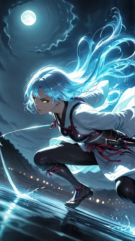 score_9, score_8_up, score_7_up, masterpiece, source_anime,Female SAMURAI,in a dynamic motion,yellow eyes,iris,0 highly detailed, cinematic lighting, dramatic atmosphere, Female samurai warrior in action, precise facial features, intricate armor, flowing r...