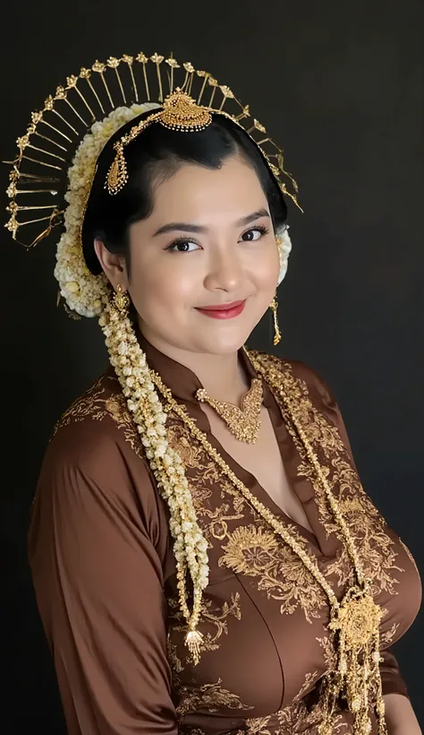 A beautiful indonesian mom 45s has plump body , dressed in traditional Javanese formal attire, She wears a wearing a brown kebaya with gold ornament , paired with a beautifully patterned batik kain in earthy tones . His outfit is completed with a gold-acce...