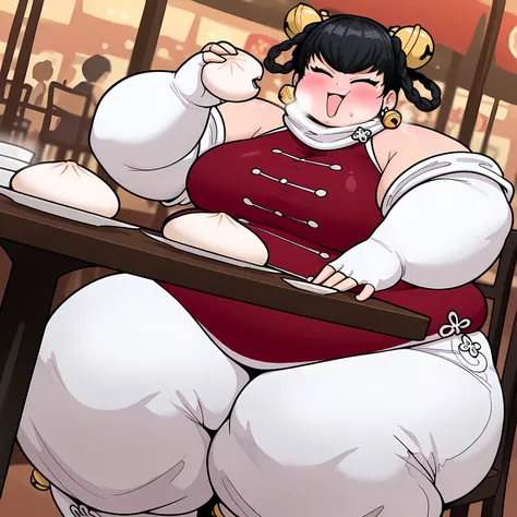 masterpiece, best quality, 1girl, solo  opmll, black hair, short hair, hair rings, twin braids, hair bell, earrings, white scarf, red shirt, sleeveless shirt, detached sleeves, elbow gloves, fingerless gloves, white pants, baggy pants, (large breasts:0.7),...