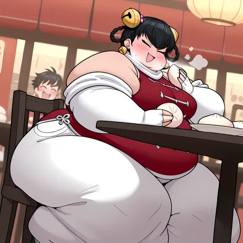masterpiece, best quality, 1girl, solo  opmll, black hair, short hair, hair rings, twin braids, hair bell, earrings, white scarf, red shirt, sleeveless shirt, detached sleeves, elbow gloves, fingerless gloves, white pants, baggy pants, (large breasts:0.7),...