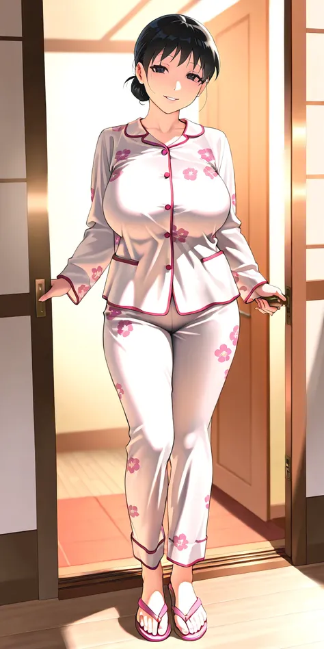 Masterpiece, newest, vibrant, very aesthetic, high contrast, mature woman, shizuka minamoto\(doraemon\), tall, big breast, white pajamas with floral motif, pink flip flops, full body, parted lips, smile, front of the door, best quality, semrealistic, fullm...