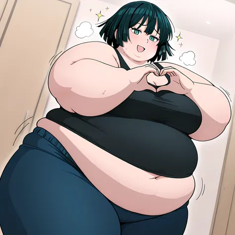 Fubuki 1girl , solo, green hair,green eyes,、 motion line、 Anime Coloring、、Big 、mature female、 Masterpiece、 high quality、 high image quality、 pretty finger、 detailed face, tank top, black shirt, sweatpants, dark blue sweatpants, u.a. gym pants, black tank ...