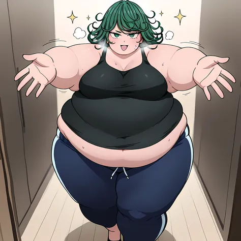 Tatsumaki 1girl , solo, green hair,green eyes,、 motion line、 Anime Coloring、、Big 、mature female、 Masterpiece、 high quality、 high image quality、 pretty finger、 detailed face, tank top, black shirt, sweatpants, dark blue sweatpants, u.a. gym pants, black ta...