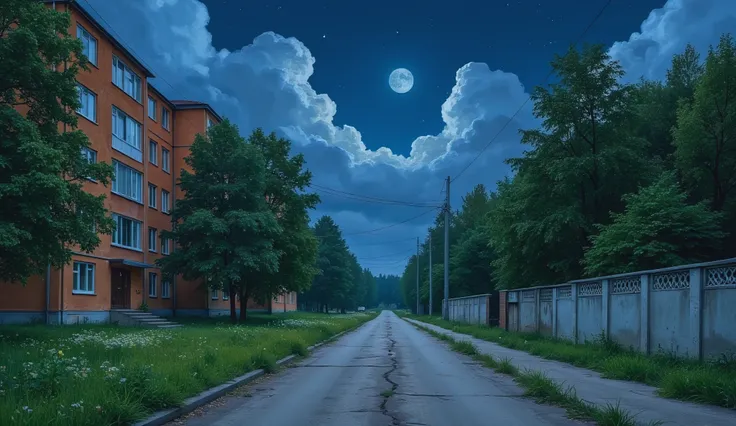 landscape, street, USSR Vibes, detailed panelki, Russian Apartments, many green trees, night, summer, big moon, stars:1.5, cloudy:1.5, grass, crossroad:1.5, cracks in the asphalt:0.3, soviet-style concrete fence:0.15, flowers:0.15, without sun, garages
