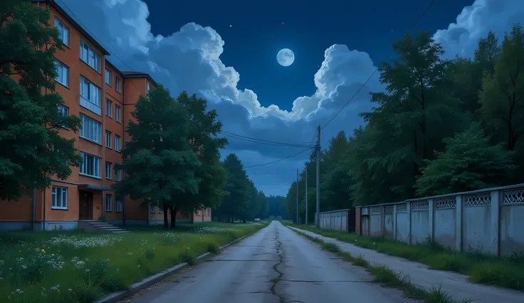 landscape, street, USSR Vibes, detailed panelki, Russian Apartments, many green trees, night, summer, big moon, stars:1.5, cloudy:1.5, grass, crossroad:1.5, cracks in the asphalt:0.3, soviet-style concrete fence:0.15, flowers:0.15, without sun, garages