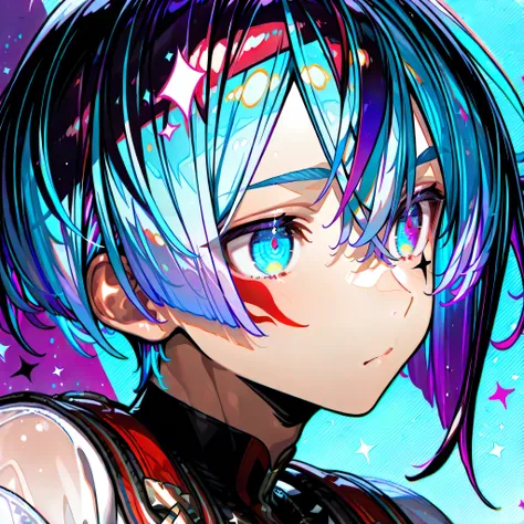 1boy、odd-eye、Red purple left eye、light blue right eye、bluish hair、SHORT BOB、top quality