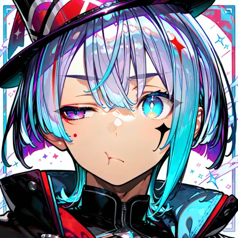 1boy、odd-eye、Red purple left eye、light blue right eye、bluish hair、SHORT BOB、top quality
