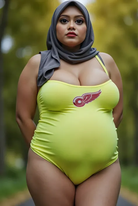 Disappointed facial expression, Front posing, Wearing Scarf neck tie, Front posing, (((MOODY FACE EXPRESSION))), "Wearing Hijab perfectly",  wearing Scoop Neck Sleeveless neon green Bodysuits strapless swimsuit 'Red Wing Logo Print', (KEDUA BELAH TANGAN DI...