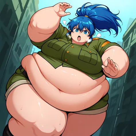 score_9, score_8_up, score_7_up, score_6_up, source_anime, BREAK masterpiece, ClassicLeona, green top, military uniform, shorts, , breasts, looking at viewer, blue hair, ponytail, navel, midriff, blue eyes,  fat, chubby, obese, gigantic arms and legs, larg...