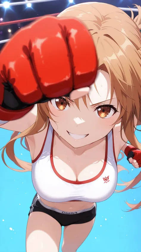 asuna_\(sao\), long_hair, brown_hair,  brown_eyes, solo, Detailed eyes, white sports bra, black boy leg underwear, black fingerless gloves, thigh, cleavage, medium breast, serious grin, looking at viewer, Detailed eyes, Detailed face, portrait, face focus,...