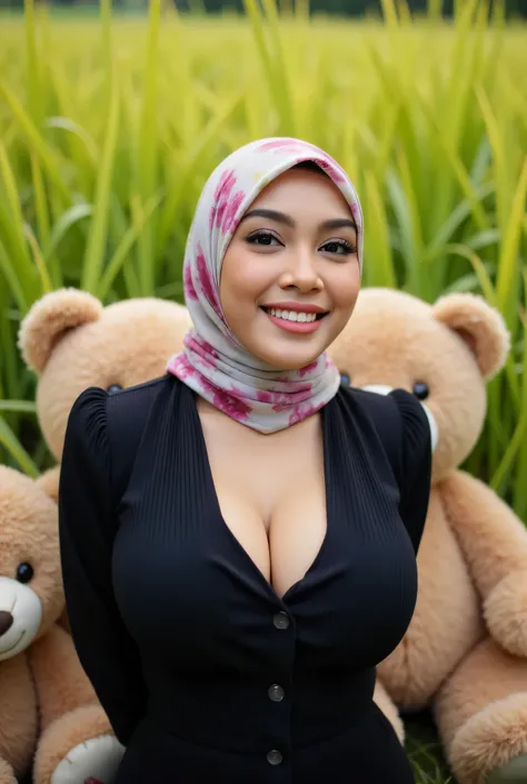 Visible female panties, front posing, ("Facial expression in Happy big Orgasm"), Both hands lying behind the back, Wearing flora print hijab,  (photorealistic:1.6) ((Indonesian hijab)), background rice paddy. daytime atmosphere, (((please don't showing any...