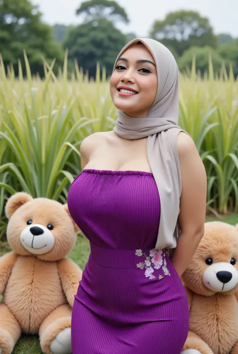 Visible female panties, front posing, ("Facial expression in Happy big Orgasm"), Both hands lying behind the back, Wearing flora print hijab,  (photorealistic:1.6) ((Indonesian hijab)), background rice paddy. daytime atmosphere, (((please don't showing any...