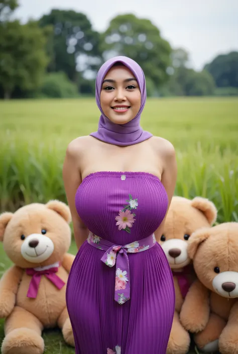 Visible female panties, front posing, ("Facial expression in Happy big Orgasm"), Both hands lying behind the back, Wearing flora print hijab,  (photorealistic:1.6) ((Indonesian hijab)), background rice paddy. daytime atmosphere, (((please don't showing any...