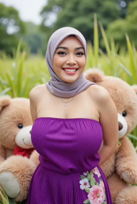 Visible female panties, front posing, ("Facial expression in Happy big Orgasm"), Both hands lying behind the back, Wearing flora print hijab,  (photorealistic:1.6) ((Indonesian hijab)), background rice paddy. daytime atmosphere, (((please don't showing any...
