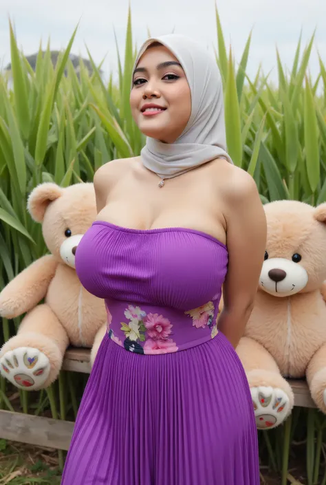 Visible female panties, front posing, ("Facial expression in Happy big Orgasm"), Both hands lying behind the back, Wearing flora print hijab,  (photorealistic:1.6) ((Indonesian hijab)), background rice paddy. daytime atmosphere, (((please don't showing any...