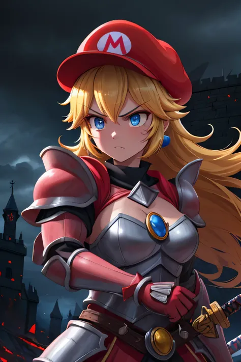 muscular blonde female warrior of revenge, princess peach, wearing pink armor plate, scars on face, fierce expression with clenched jaw and vengeful gaze, sharp determined blue eyes, dark red Mario hat, gripping the hilt of a sword, powerful pose, 
stormy ...