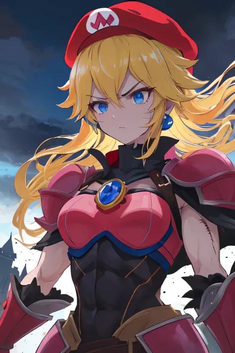 muscular blonde female warrior of revenge, princess peach, wearing pink armor plate, scars on face, fierce expression with clenched jaw and vengeful gaze, sharp determined blue eyes, dark red Mario hat, gripping the hilt of a sword, powerful pose, 
stormy ...