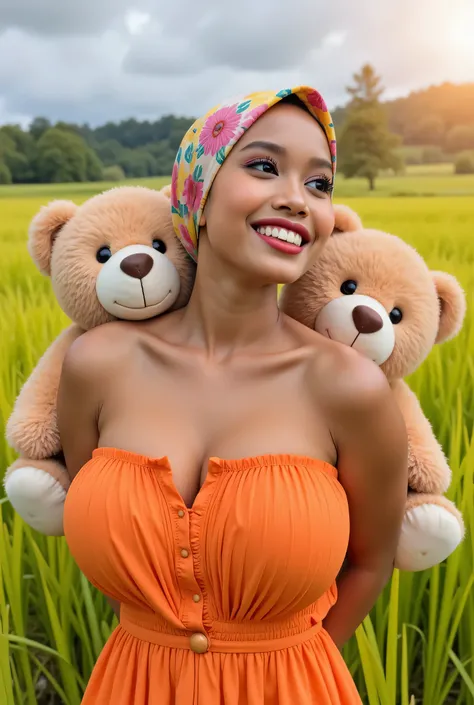 Visible female panties, front posing, ("Facial expression in Happy big Orgasm"), Both hands lying behind the back, Wearing flora print hijab, (photorealistic:1.6) ((Indonesian hijab)), background rice paddy. daytime atmosphere, (((please don't showing any...