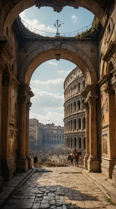 Long-range shooting，Subjective perspective shooting。ultra wide angle shot。Low Angle Shot。Colosseum in ancient Rome，The Colosseum in perfect condition。Exquisite arches，Ornate slate floor，Inlaid with gold decoration。The immaculate ancient Roman palace，decora...