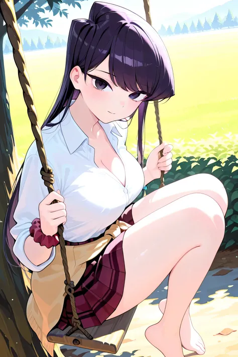 1girl,solo,cute,Komi Shouko,long_hair,purple_hair,purple_eyes,large_breasts
BREAK school_uniform,collared_shirt,breasts,cleavage,white_shirt,wrist_scrunchie sleeves_rolled_up,wrist_scrunchie,pleated_skirt,clothes_around_waist
BREAK A very cute girl is play...