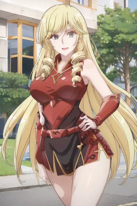 Woman with Long Blonde Hair，Please draw my expression more delicately，can you draw a woman in a dark blue business suit，Full color CG,,Please draw a woman with a nice smile,NAVY BLUE SUIT，white blouse，navy blue micro mini skirt，high heels，big boobs，big boo...