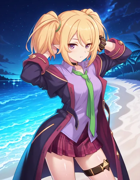 chloePCR, blonde hair, shirt, long sleeves,twintails, purple eyes, sidelocks, pleated skirt, open clothes, pointy ears, collared shirt, miniskirt, off shoulder, thigh strap, red skirt, black choker, plaid skirt, purple shirt,black coat, wrist scrunchie, gr...