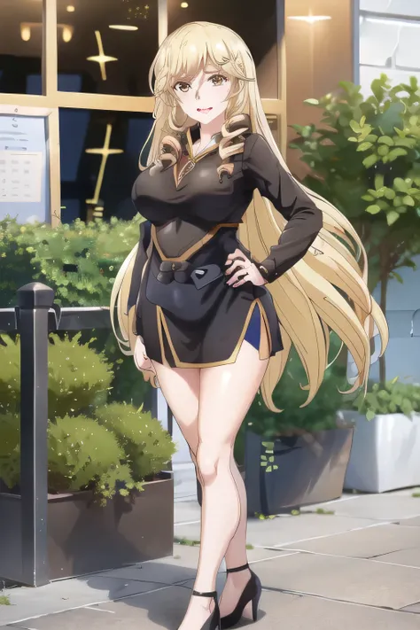 blond long-haired woman looking down on the rainy city from the rooftop，Please draw my eXpression more delicately，Can you draw a woman in a dark blue business suit，Full color CG,,Please draw a woman with a nice smile,NAVY BLUE SUIT，white blouse，navy blue m...
