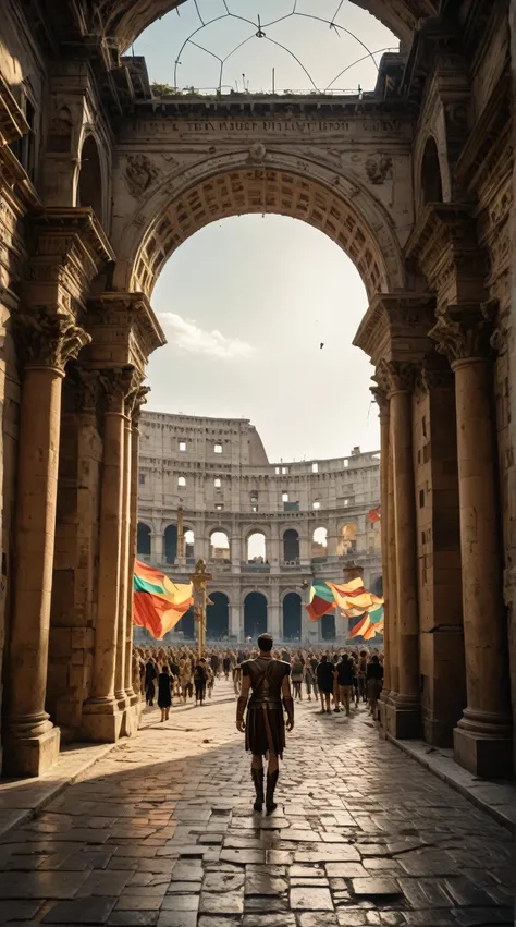 Long-range shooting，Subjective perspective shooting。ultra wide angle shot。Low Angle Shot。Colosseum in ancient Rome，The Colosseum in perfect condition。Exquisite arches，Ornate slate floor，Inlaid with gold decoration。The immaculate ancient Roman palace，decora...
