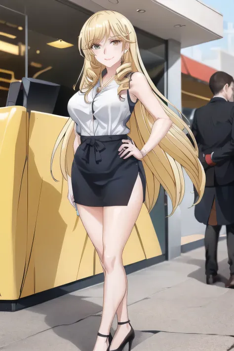 blond long-haired woman looking down on the rainy city from the rooftop，Can you draw a woman in an office lady costume，Please draw my eXpression more delicately，can you draw a woman in a dark blue business suit，Full color CG,,Please draw a woman with a nic...