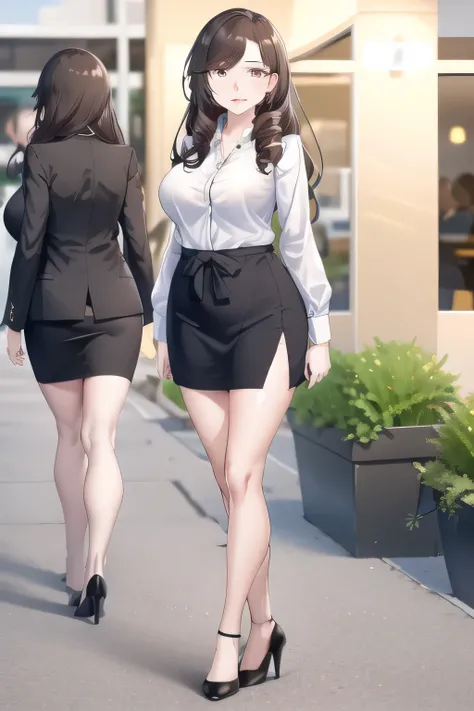 In the background of the city，can you draw a woman in an office lady costume，Please draw my eXpression more delicately，can you draw a woman in a dark blue business suit，Full color CG,,Please draw a woman with a nice smile,NAVY BLUE SUIT，white blouse，navy b...