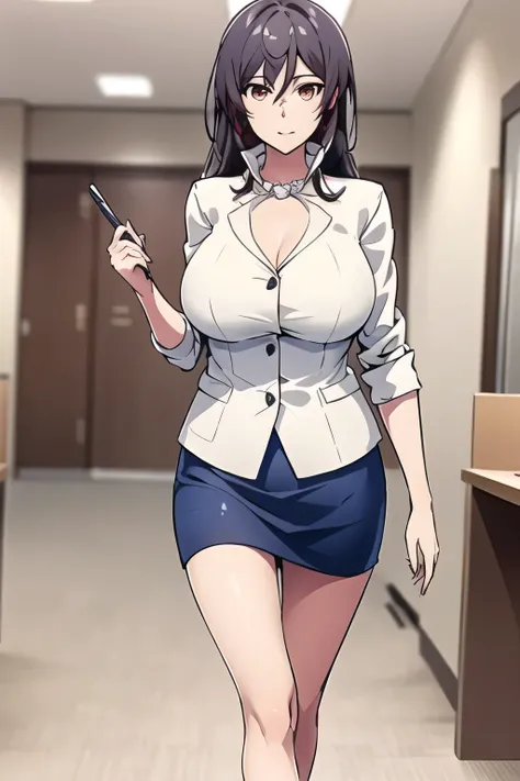 In the background of the city,can you draw a woman in an office lady costume,Please draw my eXpression more delicately,can you draw a woman in a dark blue business suit,Full color CG,,Please draw a woman with a nice smile,NAVY BLUE SUIT,white blouse,navy b...