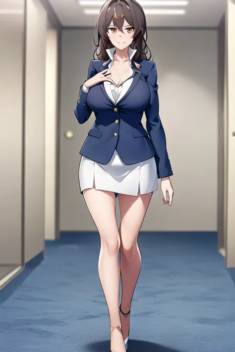 A ,Can you draw a woman in an office lady outfit,Please draw my expression more delicately,can you draw a woman in a dark blue business suit,Full color CG,,Please draw a woman with a nice smile,NAVY BLUE SUIT,white blouse,navy blue micro mini skirt,high he...