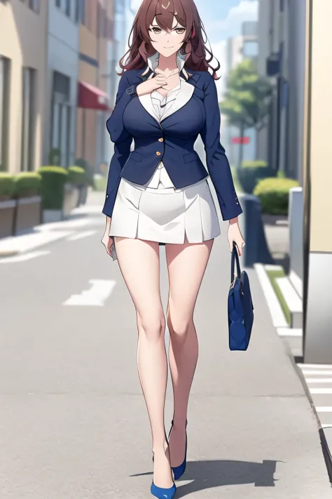 A ,Can you draw a woman in an office lady outfit,Please draw my expression more delicately,can you draw a woman in a dark blue business suit,Full color CG,,Please draw a woman with a nice smile,NAVY BLUE SUIT,white blouse,navy blue micro mini skirt,high he...