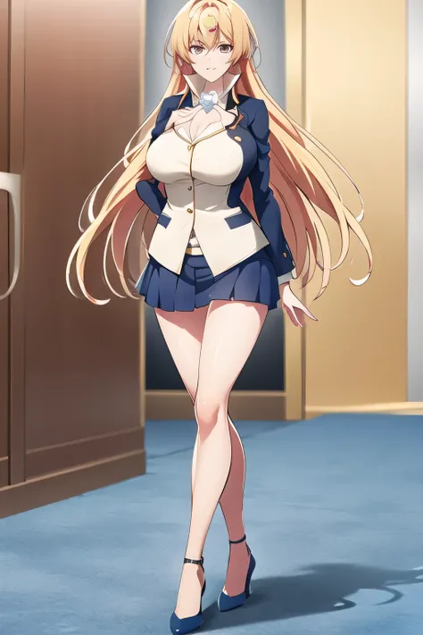 A ,can you draw a woman in an office lady costume,Woman with Long Blonde Hair,please give me an accurate representation of her hands and legs,Please draw my expression more delicately,can you draw a woman in a dark blue business suit,Full color CG,,Please ...