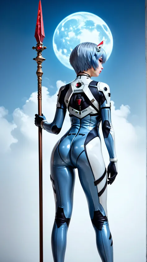 real、16k、Rei Ayanami、Plugsuit Cosplayer、night、Holding Longinus's spear in front of the blue moon、Back view、 and turn around