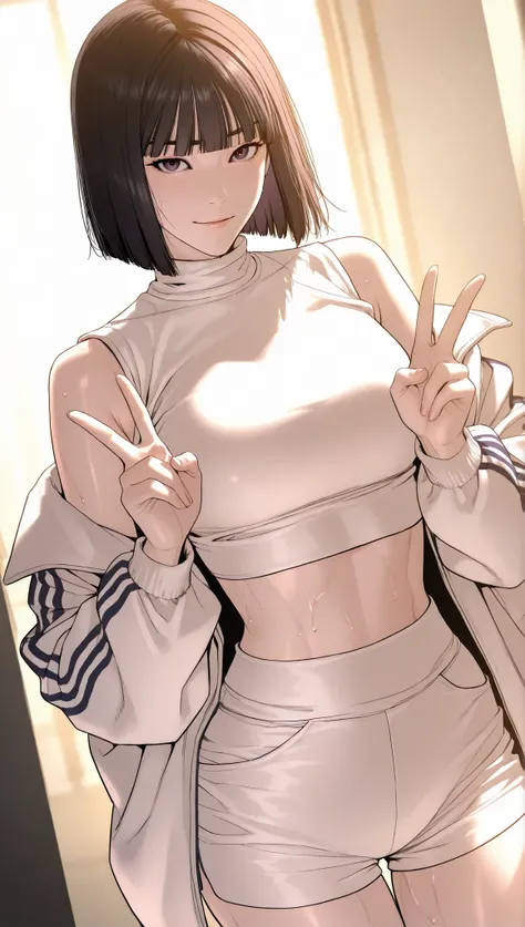 Solo,black hair, black eyes, medium hair, purple eyes,looking at viewer, seductive face,soft light, high detailed, best quality, standing, cowboy shot,dutch angle,brown eyes, short hair, bob cut, brown hair, black hair, black eyes, blunt bangs,crop top, ja...