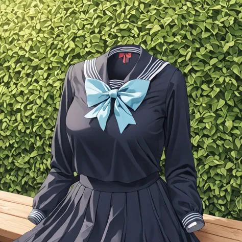 shirt, long sleeves, bow, school uniform, white shirt, serafuku, sailor collar, neckerchief, blue bow, black sailor collar, blue neckerchief, on bench in garden, (invisible:1.5, no humans:1.5, headless:1.5, faceless:1.5), cute big huge breasts, detailed cl...
