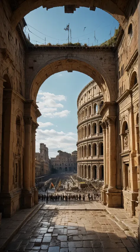 Long-range shooting，Subjective perspective shooting。ultra wide angle shot。Low Angle Shot。Colosseum in ancient Rome，The Colosseum in perfect condition。Exquisite arches，Ornate slate floor，Inlaid with gold decoration。The immaculate ancient Roman palace，decora...