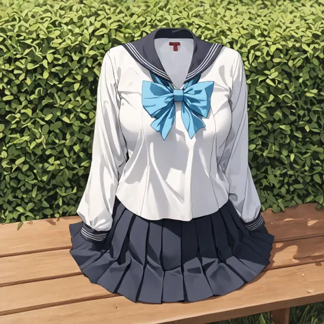 shirt, long sleeves, bow, school uniform, white shirt, serafuku, sailor collar, neckerchief, blue bow, black sailor collar, blue neckerchief, on bench in garden, (invisible:1.5, no humans:1.5, headless:1.5, faceless:1.5), cute big huge breasts, detailed cl...