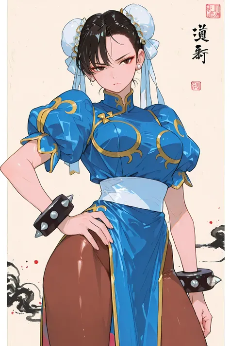ONES, ,,1girl, Chun-Li.Perfect Anatomy,very Slim thighs with little muscle.. ,cowboy shot,action、Chinese ink painting background、
(woman:. chun-li , black hair, double bun, bun cover, blue china dress, . Pelvic curtain.White thick belt.
puffy sleeves, sh...