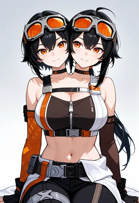 conjoined, 2girls, 2heads, two heads, a tall thin girls with 2 heads, grace, orange eyes, black hair, short hair, long hair, low ponytail, ahoge, goggles on head, choker, crop top, midriff, sleeveless, elbow gloves, asymmetrical gloves, fingerless gloves, ...