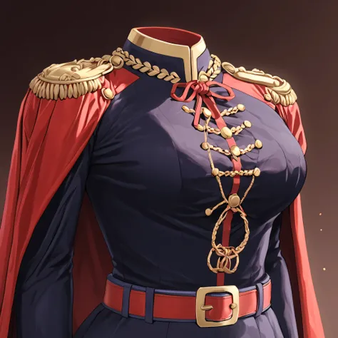 yamashiroren, military uniform, epaulettes, white gloves, red cape, belt, black pantyhose, fighting, (invisible:1.5, no humans:1.5, headless:1.5, faceless:1.5), cute big breasts, detailed cloth texture, extremely details, close-up to breasts, (Best-quality...