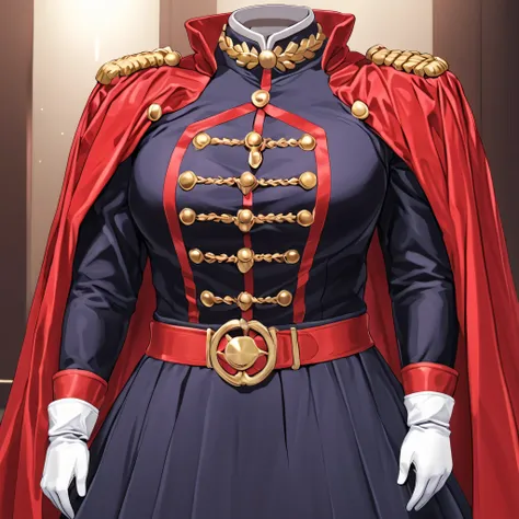 yamashiroren, military uniform, epaulettes, white gloves, red cape, belt, black pantyhose, commander, (invisible:1.5, no humans:1.5, headless:1.5, faceless:1.5), cute big breasts, detailed cloth texture, extremely details, close-up to breasts, (Best-qualit...