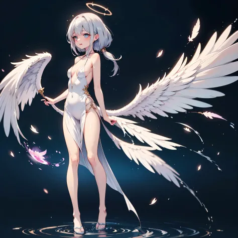 masterpiece, best quality, flugel original character, wearing a thin translucent white silk dress, sideboob visible, no bra, deep side slit, dress clinging to body shape, ethereal wings with glowing feathers, floating golden halo, seductive expression, sil...