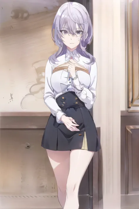 can you draw a woman in an office lady costume，Sleeveless suit，micro miniskirt,Expose your thighs、NAVY BLUE SUIT，white blouse，Navy Blue Mini Skirt，high heels，Can you draw big breasts，even with big breasts and a thin waist，beautiful legs,don't shave because...